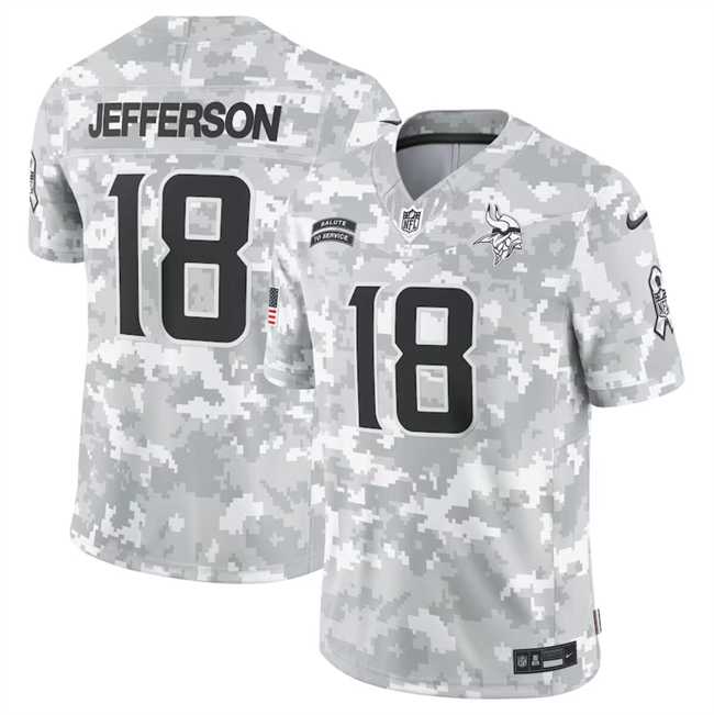 Men%27s Minnesota Vikings #18 Justin Jefferson 2024 Arctic Camo Salute To Service Limited Stitched Jersey Dyin